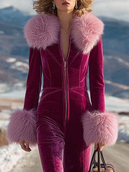 Chic Pink Velvet Jumpsuit with Long Sleeves, Flared Legs, and Trendy Retro Faux Fur Collar