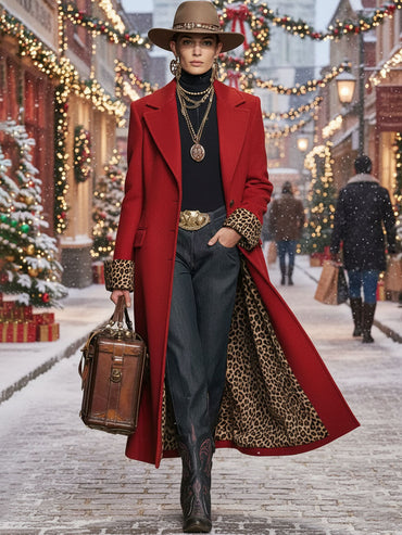 Leopard Print Wool Coat with Lapels - Single-Breasted Design