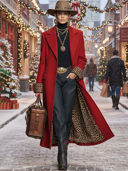 Leopard Print Wool Coat with Lapels - Single-Breasted Design