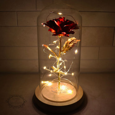 Illuminated Gold Rose in Glass Dome - Romantic Decorative Piece