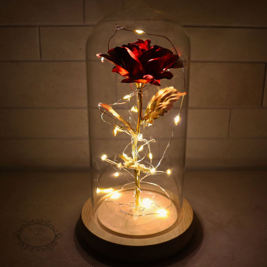 Illuminated Gold Rose in Glass Dome - Romantic Decorative Piece