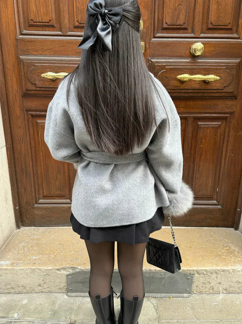 Faya Jas Women's Elegant Winter Jacket with Faux Fur Trim and Stylish Waist Belt