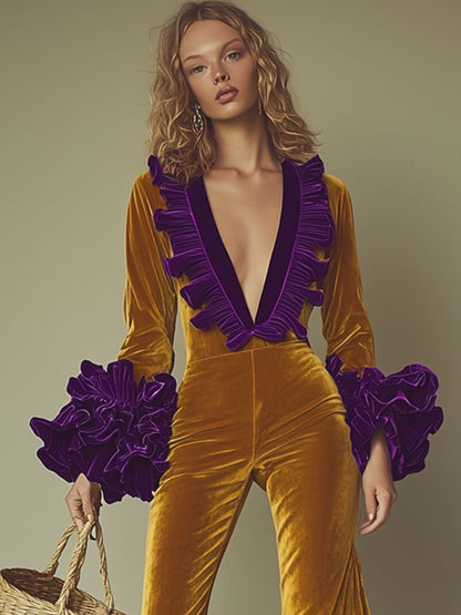 Chic Purple Velvet Jumpsuit with Ruffles, Long Sleeves, and Flared Legs