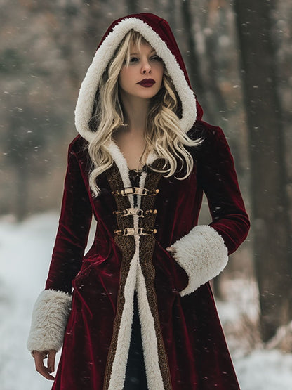 24-Hour Shipping: Vintage-Inspired Loose Velvet Wool Coat with Golden Accents and Hood