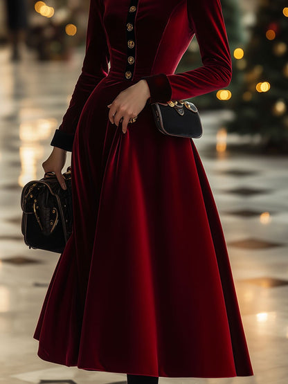 Chic Velvet Midi Dress in Ankola Red with Long Sleeves - Retro Style