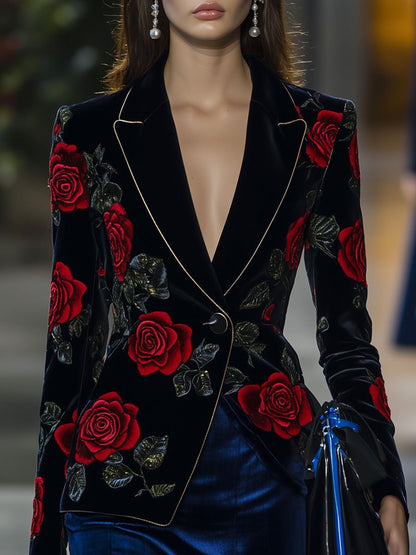 24-Hour Dispatch: Vintage Velvet Blazer with Red Rose Design and Gold Accents - Casual Loose Fit