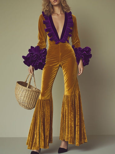 Chic Purple Velvet Jumpsuit with Ruffles, Long Sleeves, and Flared Legs