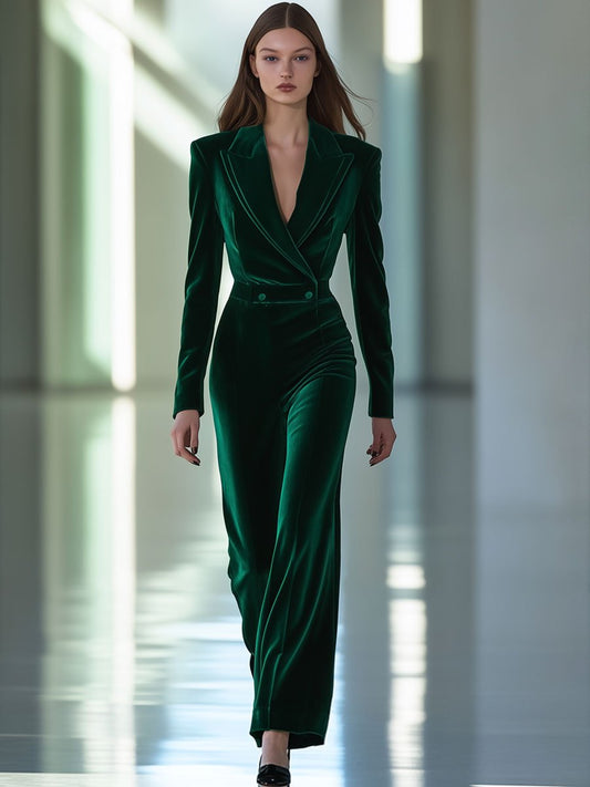 Green Velvet Retro-Inspired Jumpsuit with Double Collar and Long Sleeves - Ships Within 24 Hours