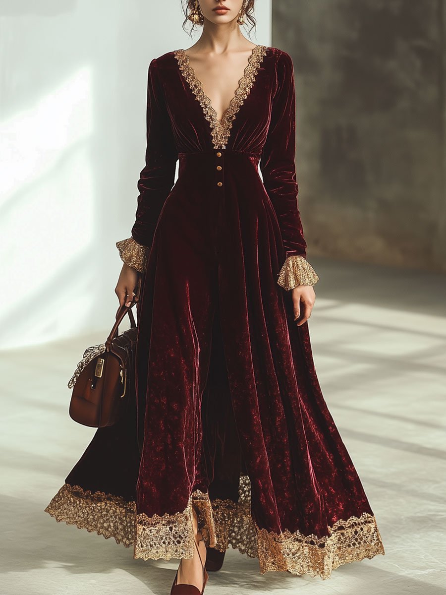 Ankola Velvet Lace Maxi Dress in Wintage Red with V-Neck and Long Sleeves