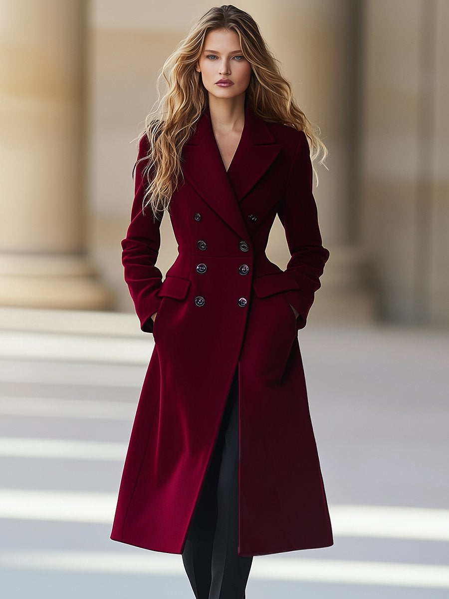 Burgundy Women's Long Wool Coat with Double Buttons and Lapels