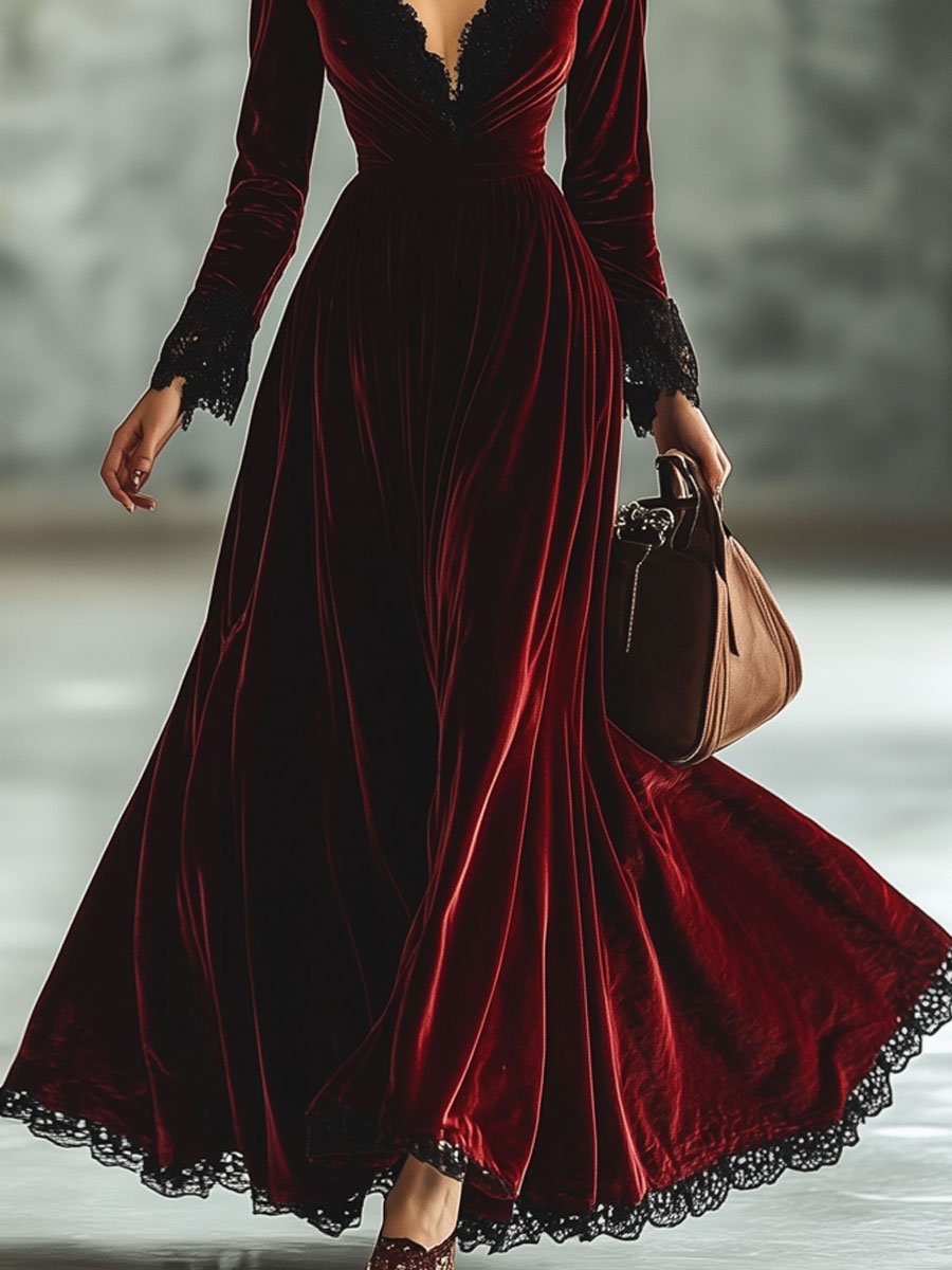 Chic Retro Maxi Dress with Lace Accents and Long Sleeves