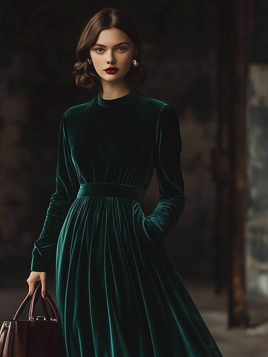 Velvet Maxi Dress with Long Sleeves, Loose Fit, Pockets, and Stand-Up Collar - Ships Within 24 Hours