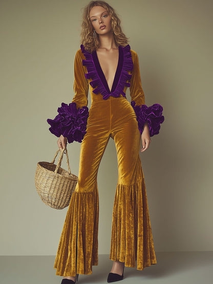 Chic Purple Velvet Jumpsuit with Ruffles, Long Sleeves, and Flared Legs