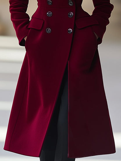 Burgundy Women's Long Wool Coat with Double Buttons and Lapels