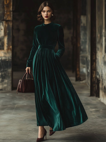 Velvet Maxi Dress with Long Sleeves, Loose Fit, Pockets, and Stand-Up Collar - Ships Within 24 Hours