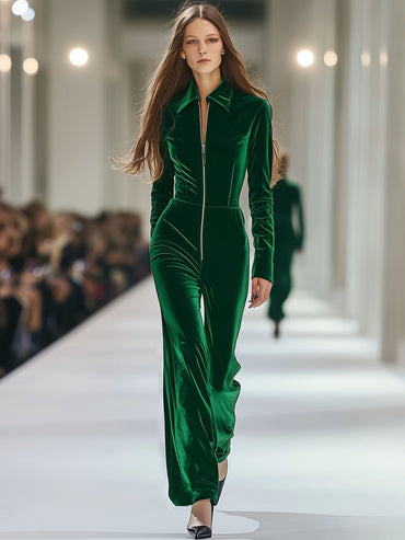 24-Hour Shipping: Relaxed Fit Retro Green Velvet Jumpsuit with Long Sleeves and Zip Closure