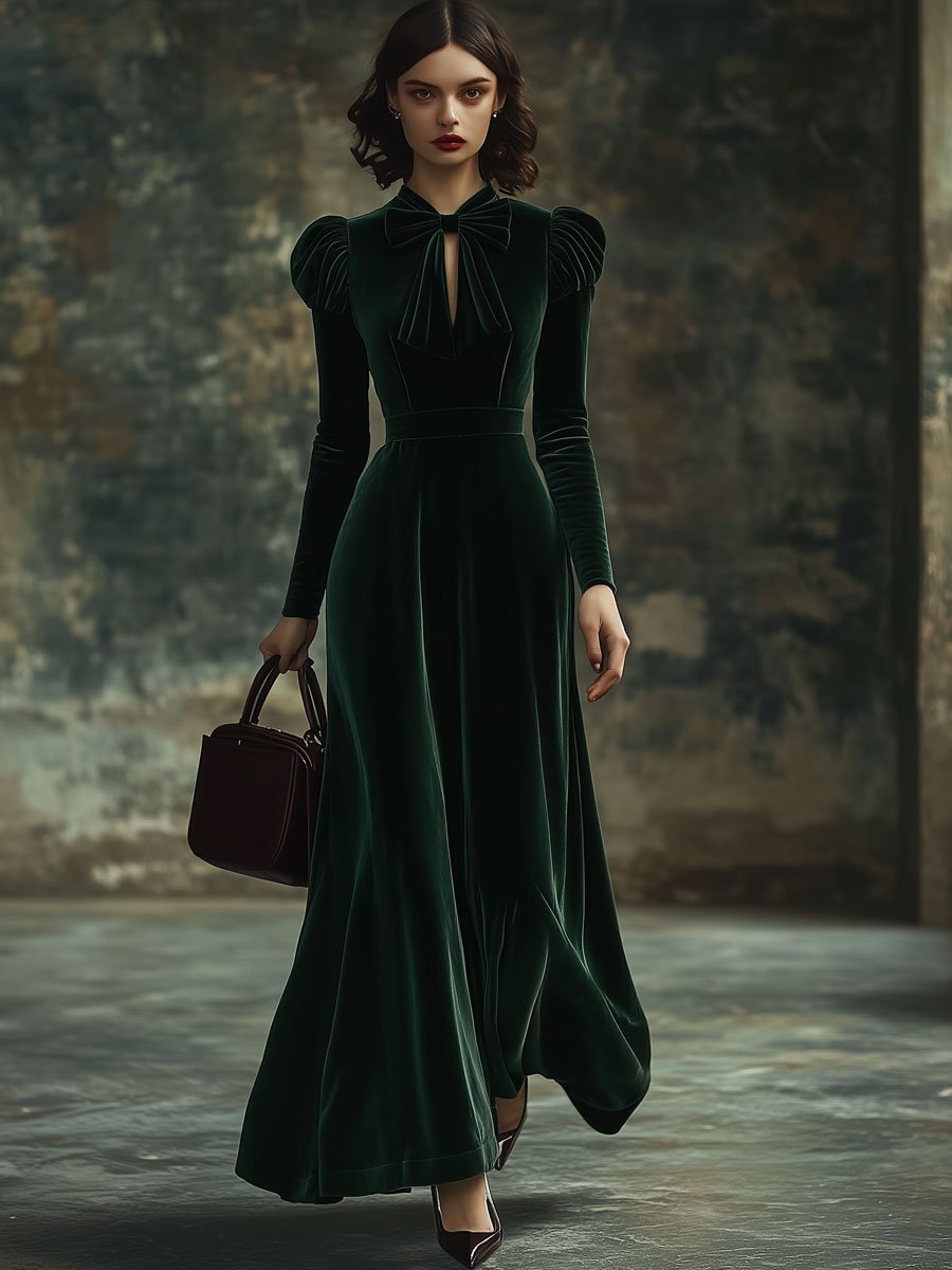 Velvet Maxi Dress with Stand-Up Collar and Long Sleeves Featuring a Bow - Ideal for Parties, Ships Within 24 Hours