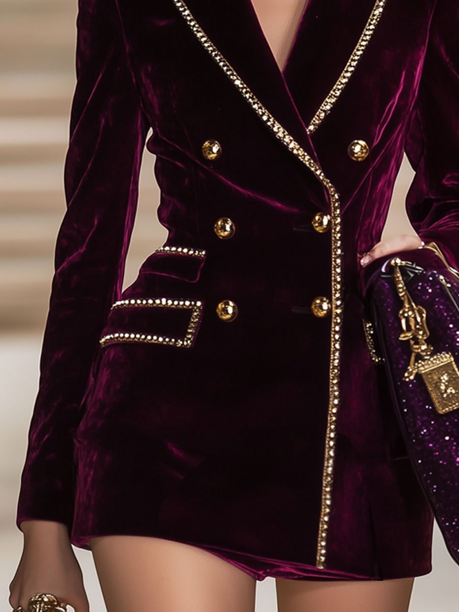 24-Hour Dispatch: Burgundy Velvet Casual Vintage Mini Dress with Gold Accents and Double Closure