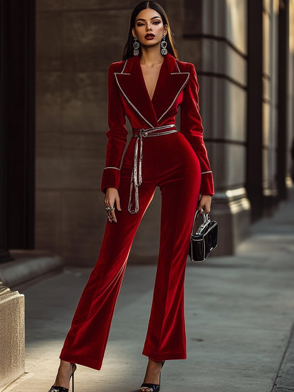 Chic Red Velvet Jumpsuit Featuring Sophisticated Silver Accents