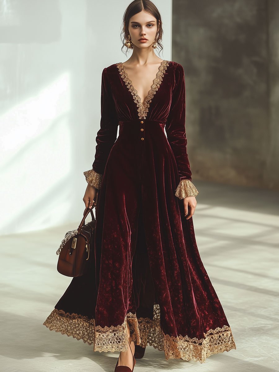 Ankola Velvet Lace Maxi Dress in Wintage Red with V-Neck and Long Sleeves