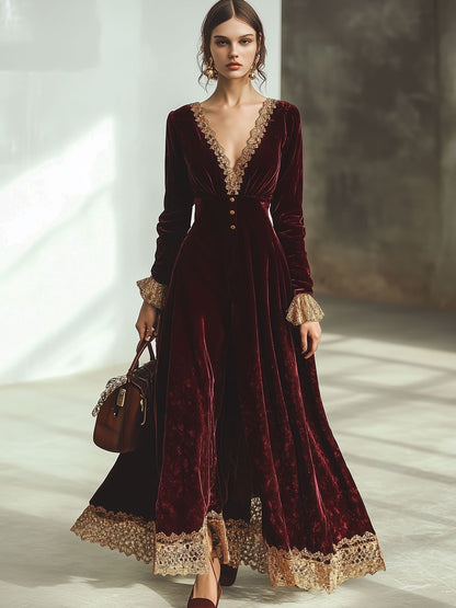Ankola Velvet Lace Maxi Dress in Wintage Red with V-Neck and Long Sleeves