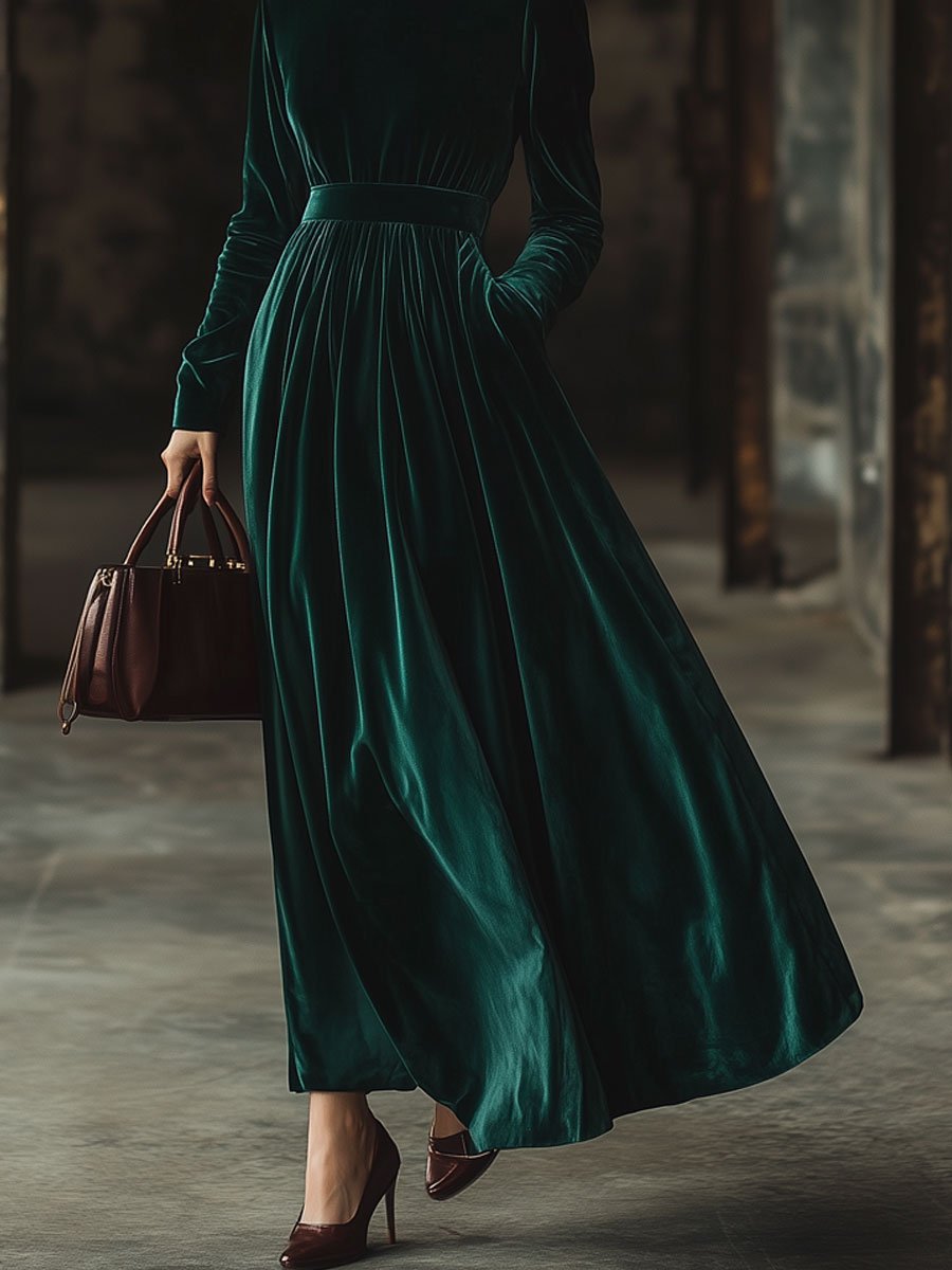Velvet Maxi Dress with Long Sleeves, Loose Fit, Pockets, and Stand-Up Collar - Ships Within 24 Hours