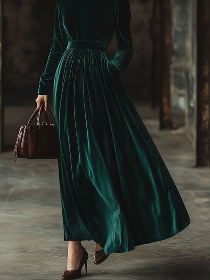 Velvet Maxi Dress with Long Sleeves, Loose Fit, Pockets, and Stand-Up Collar - Ships Within 24 Hours