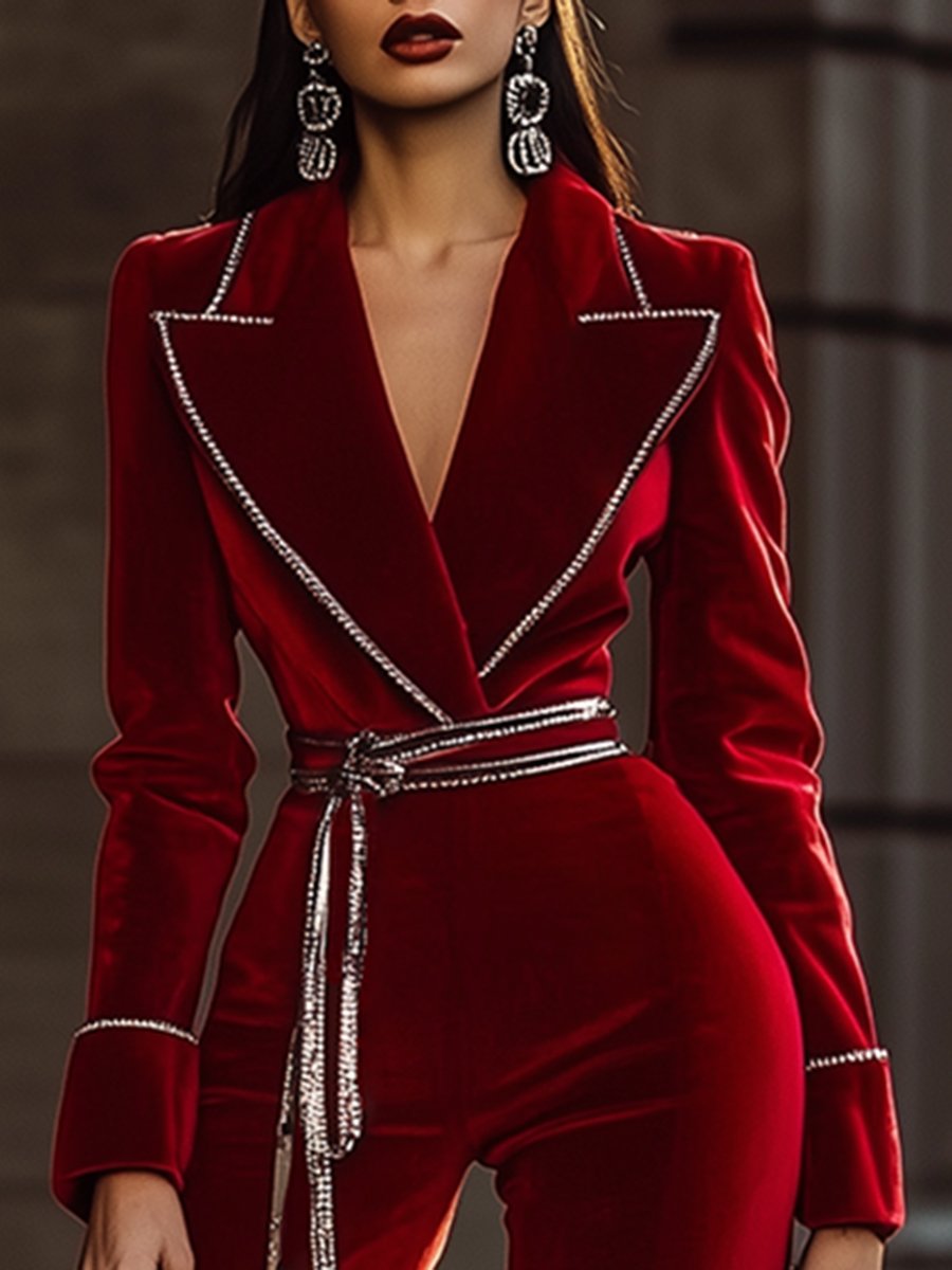 Chic Red Velvet Jumpsuit Featuring Sophisticated Silver Accents