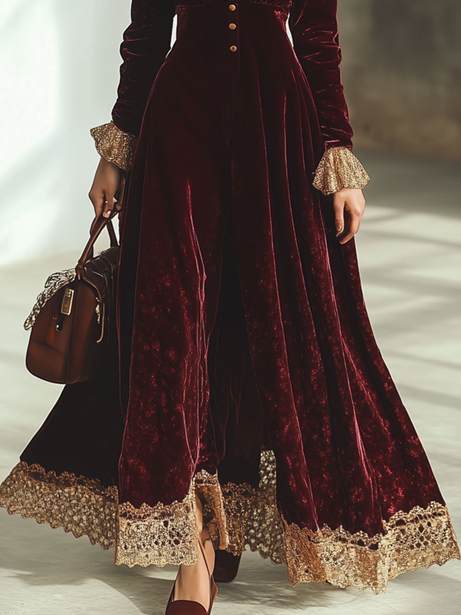 Ankola Velvet Lace Maxi Dress in Wintage Red with V-Neck and Long Sleeves
