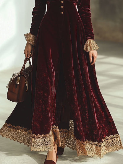Ankola Velvet Lace Maxi Dress in Wintage Red with V-Neck and Long Sleeves