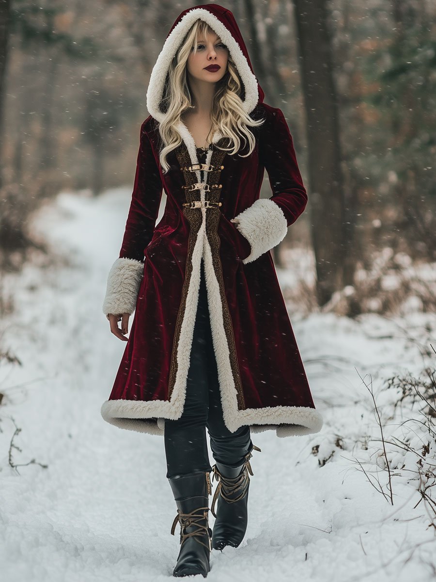 24-Hour Shipping: Vintage-Inspired Loose Velvet Wool Coat with Golden Accents and Hood