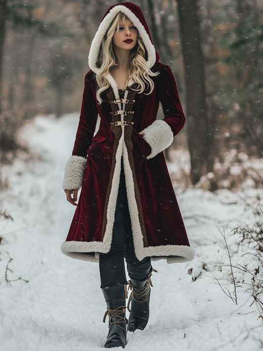 24-Hour Shipping: Vintage-Inspired Loose Velvet Wool Coat with Golden Accents and Hood