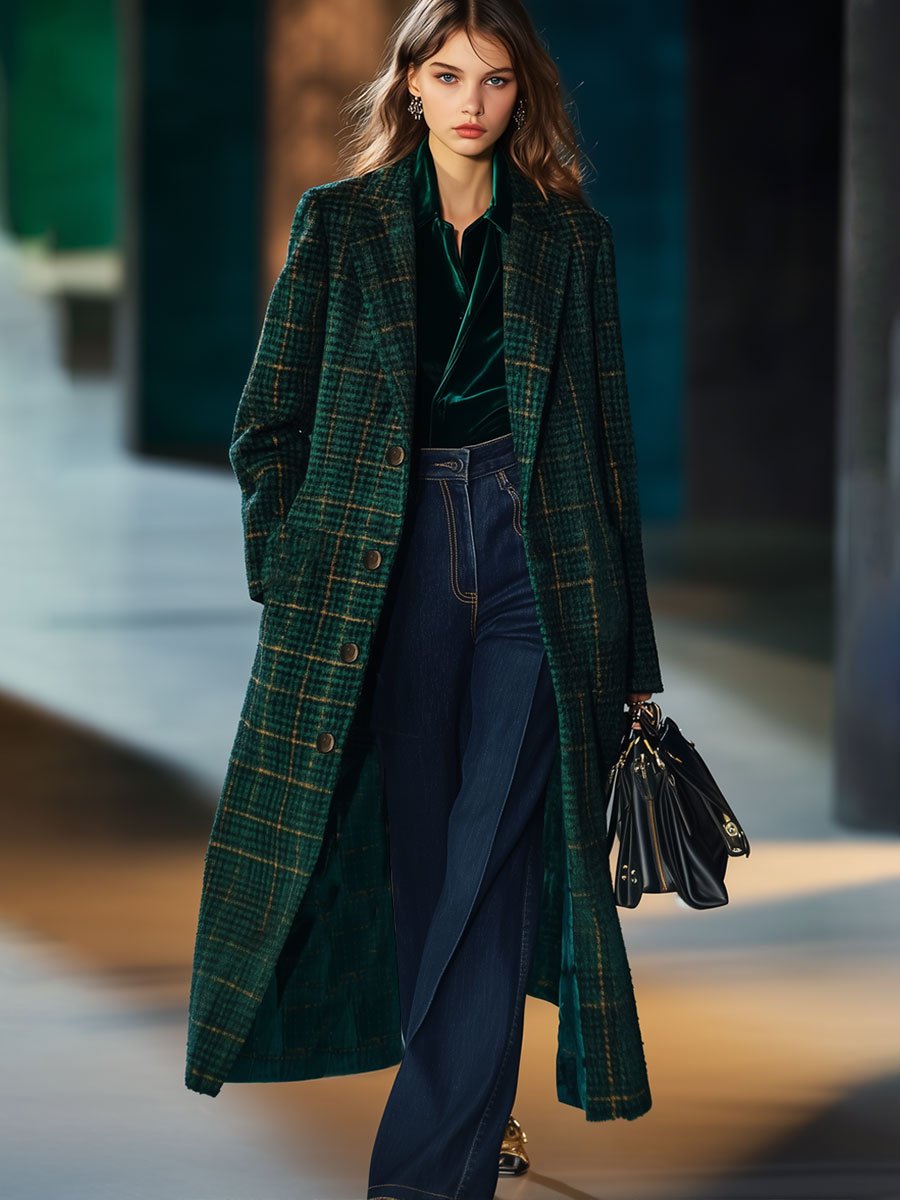 【24-Hour Shipping】Casual Loose-Fit Retro Check Wool Midi Coat with Pockets