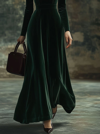 Velvet Maxi Dress with Stand-Up Collar and Long Sleeves Featuring a Bow - Ideal for Parties, Ships Within 24 Hours