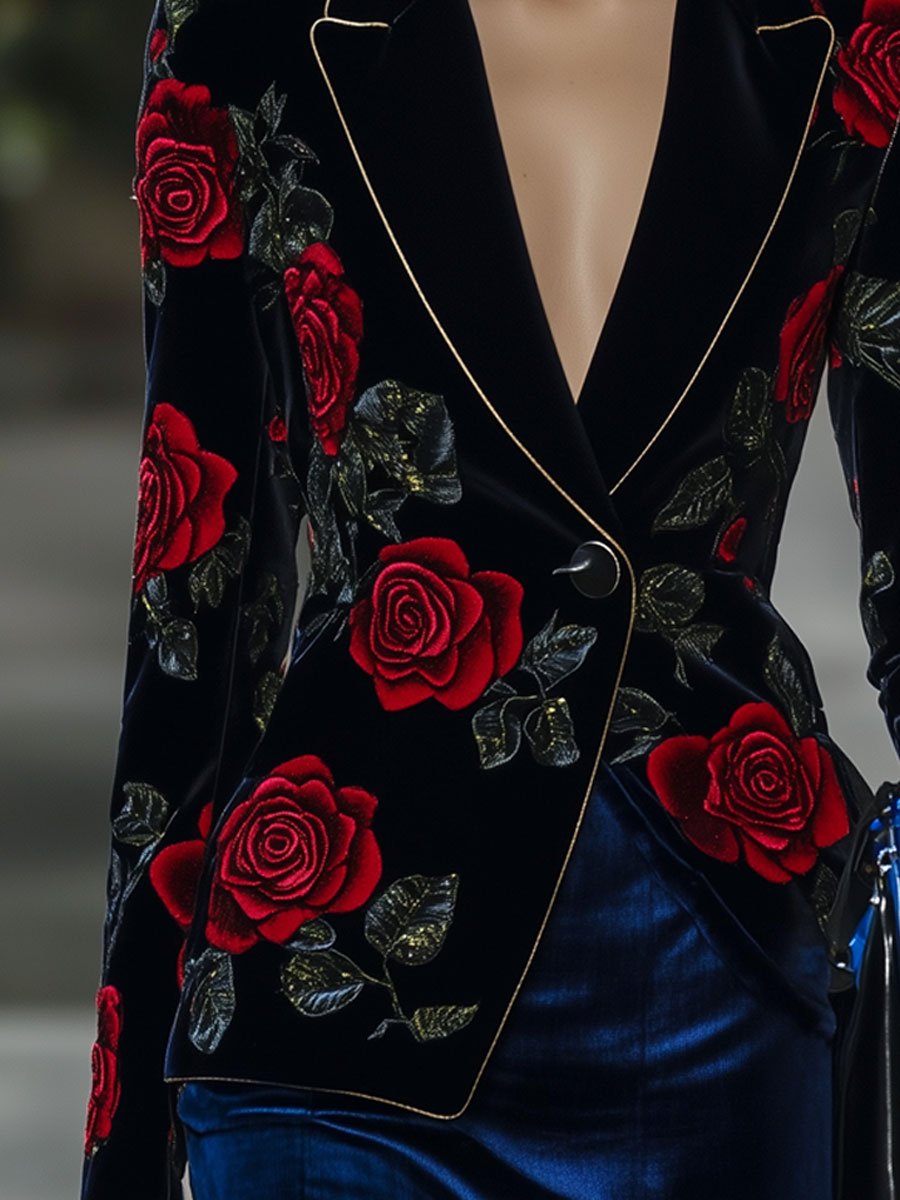 24-Hour Dispatch: Vintage Velvet Blazer with Red Rose Design and Gold Accents - Casual Loose Fit