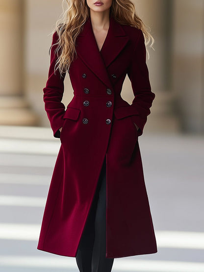 Burgundy Women's Long Wool Coat with Double Buttons and Lapels