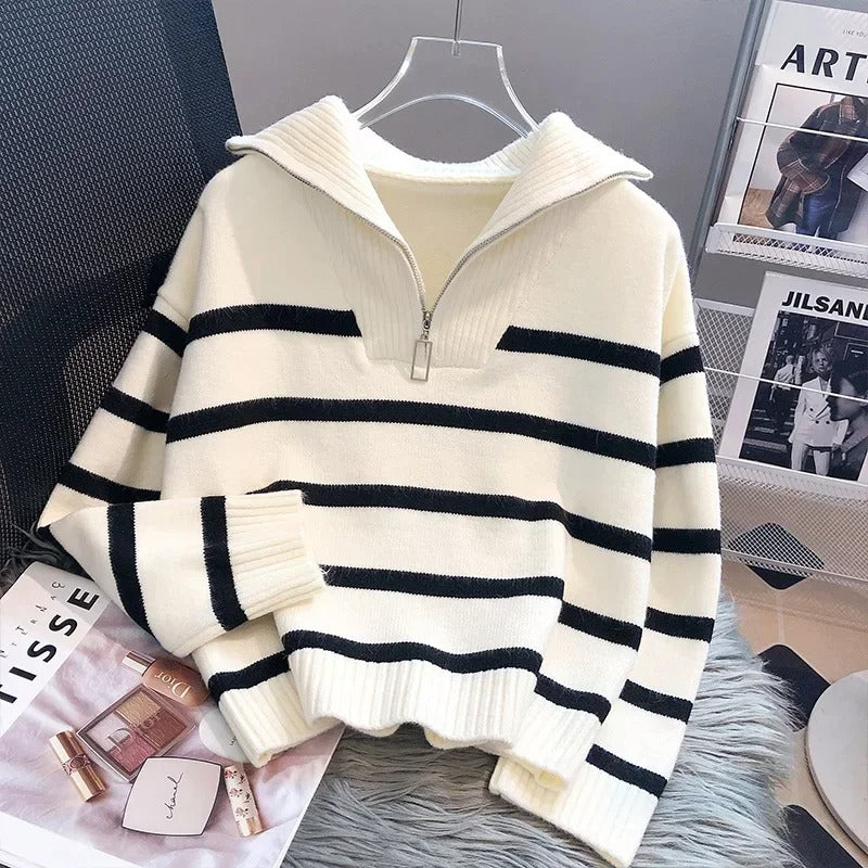 Lauren | Striped Wool Knit Sweater featuring Fold-Down Collar and Zip Closure