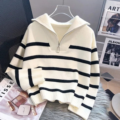 Lauren | Striped Wool Knit Sweater featuring Fold-Down Collar and Zip Closure