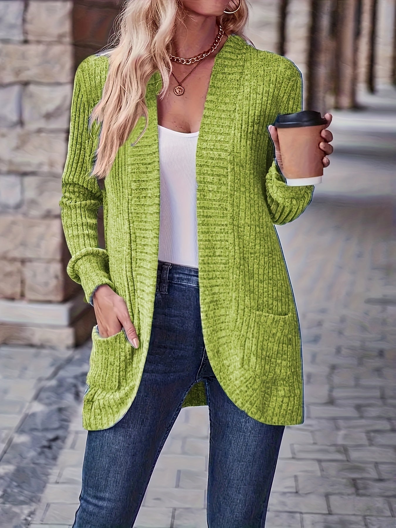 Lotte | Solid Color Open-Front Cardigan Featuring Pockets