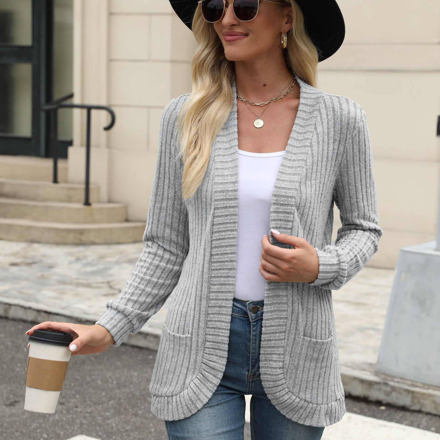Lotte | Solid Color Open-Front Cardigan Featuring Pockets