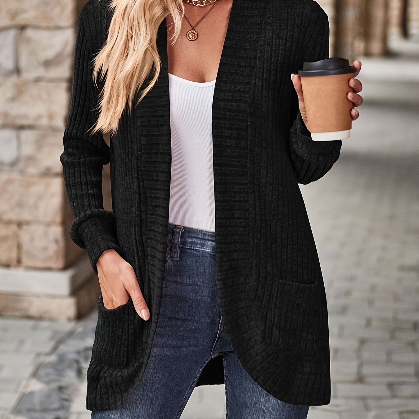 Lotte | Solid Color Open-Front Cardigan Featuring Pockets