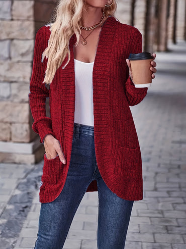 Lotte | Solid Color Open-Front Cardigan Featuring Pockets