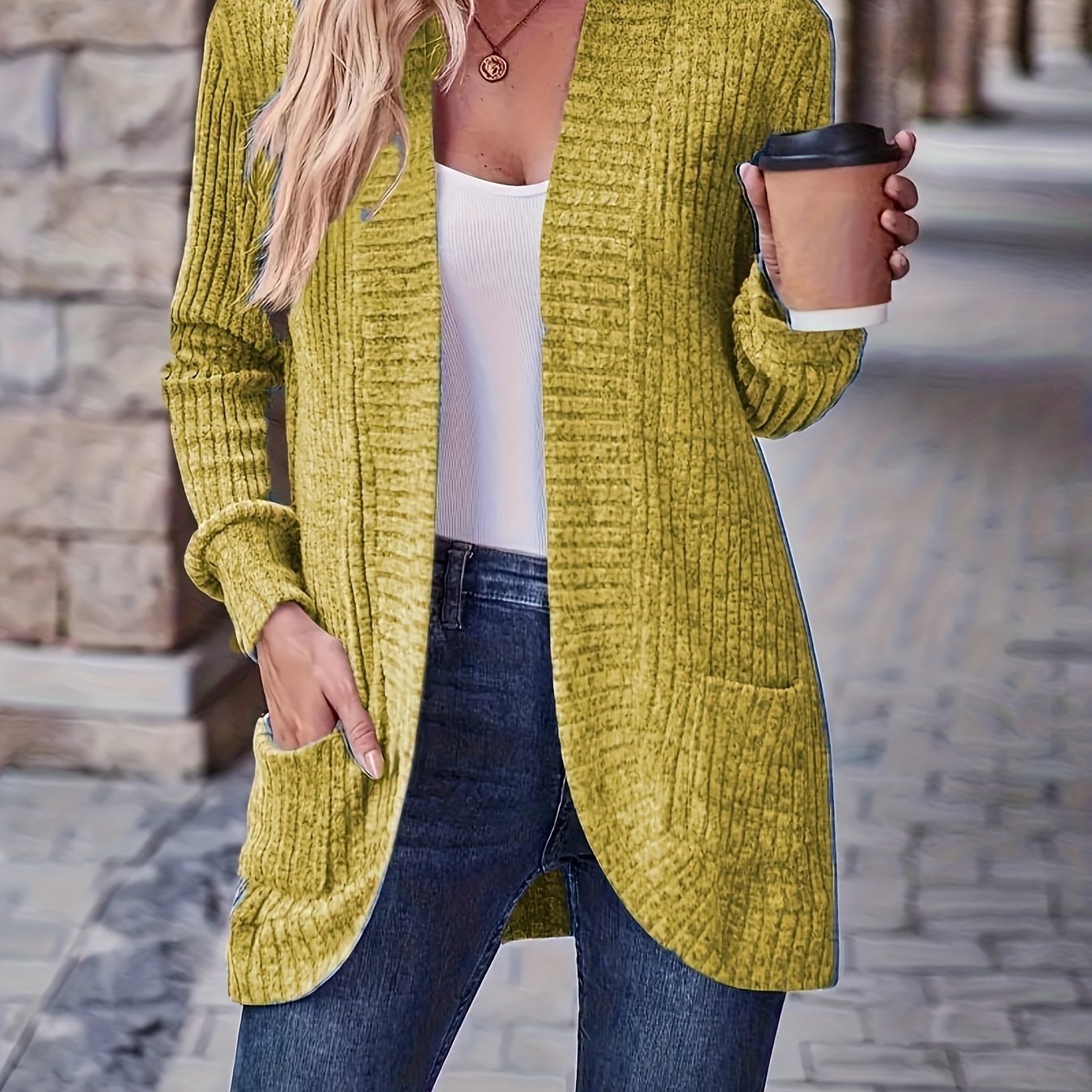 Lotte | Solid Color Open-Front Cardigan Featuring Pockets