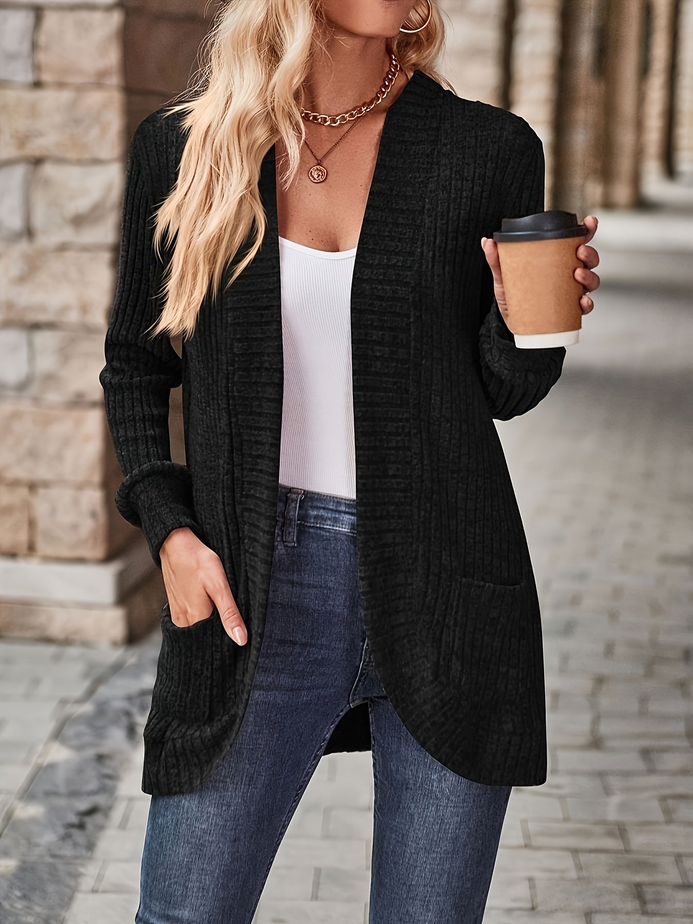 Lotte | Solid Color Open-Front Cardigan Featuring Pockets