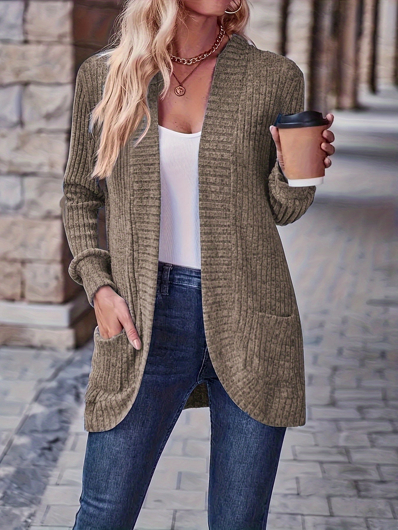 Lotte | Solid Color Open-Front Cardigan Featuring Pockets