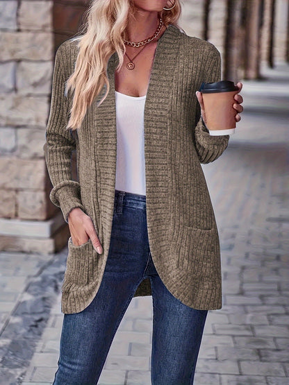 Lotte | Solid Color Open-Front Cardigan Featuring Pockets