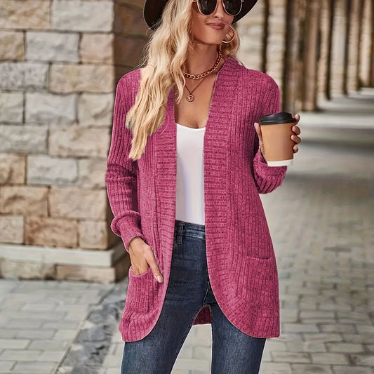 Lotte | Solid Color Open-Front Cardigan Featuring Pockets