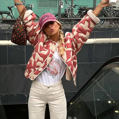 Floral Print Oversized Women's Padded Jacket with Button Closure - Hip Length