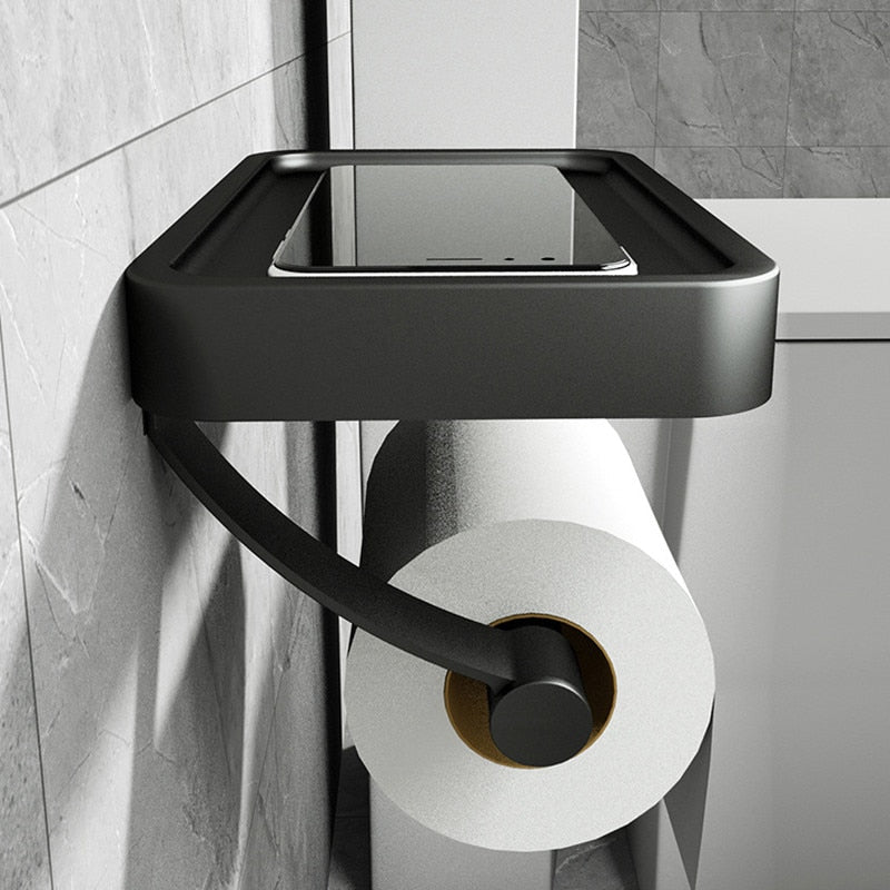 StashRoll | No-Drill Stainless Steel Toilet Paper Holder with Shelf - Space-Saving Bathroom Organizer