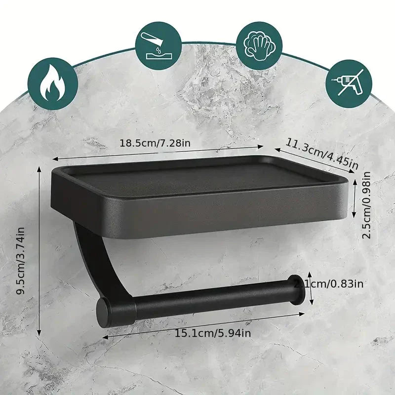 StashRoll | No-Drill Stainless Steel Toilet Paper Holder with Shelf - Space-Saving Bathroom Organizer